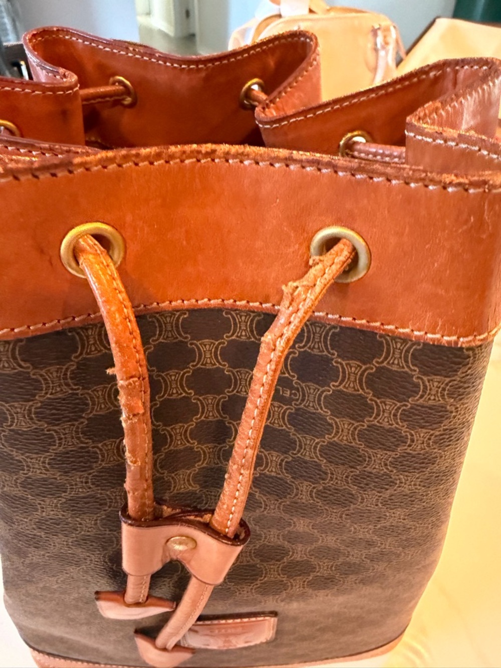 Celine Brown Monogram Leather-Trim Drawstring Bucket Bag - Picture 8 of 10